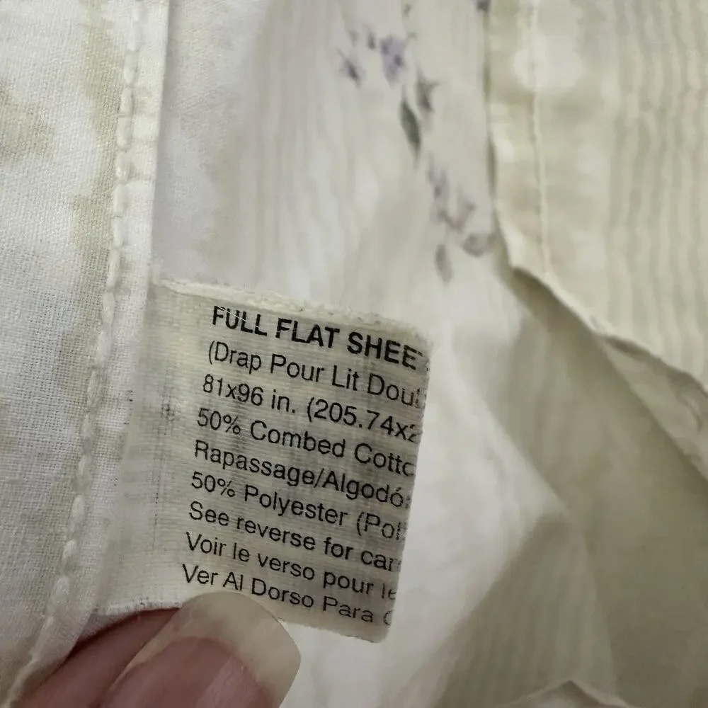 JC Penny Vintage 90s Bed Sheet Set Full Double Cream Purple Ruffles Lace Floral